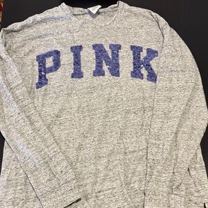 PINK Victoria's Secret Heather Gray Long Sleeve Tee with Purple Applique
